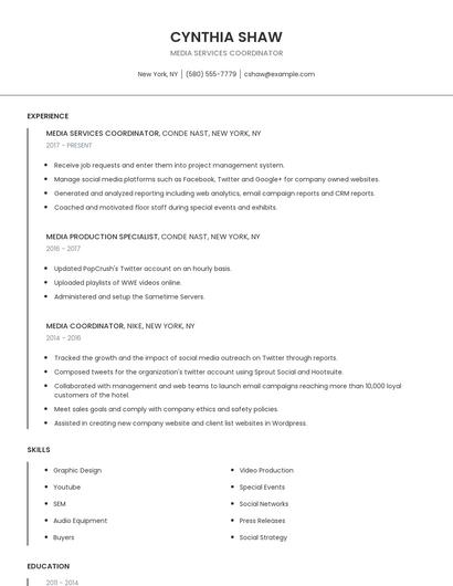 Media Services Coordinator Resume