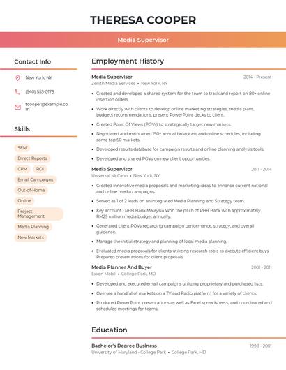 Media Supervisor Resume