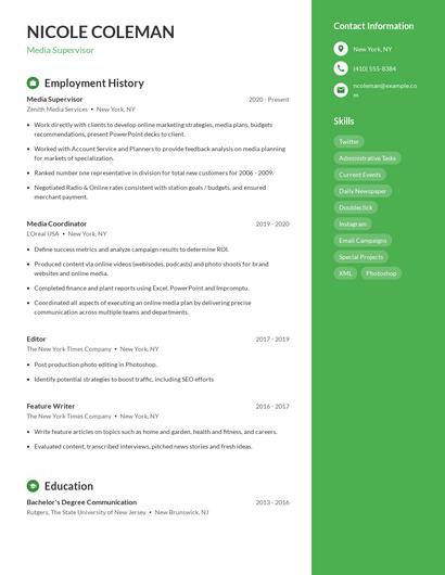 Media Supervisor Resume