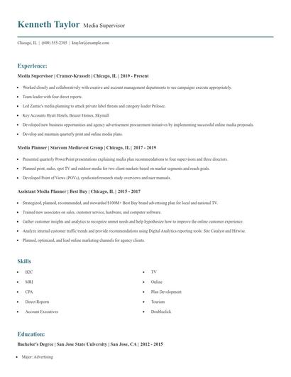 Media Supervisor Resume
