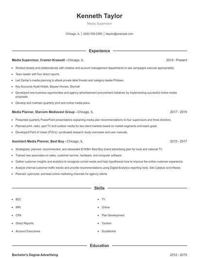 Media Supervisor Resume