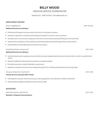 Medicaid Service Coordinator Resume