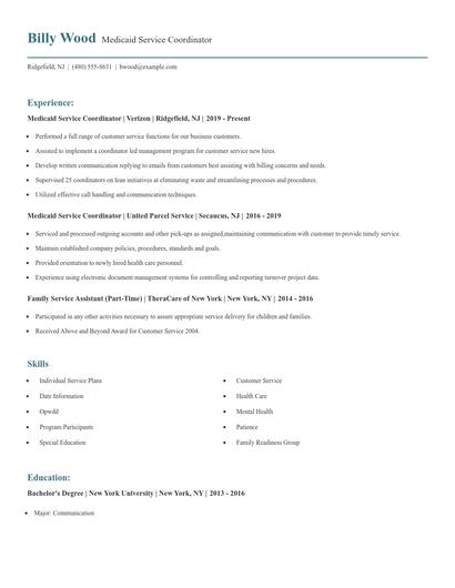 Medicaid Service Coordinator Resume