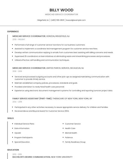 Medicaid Service Coordinator Resume