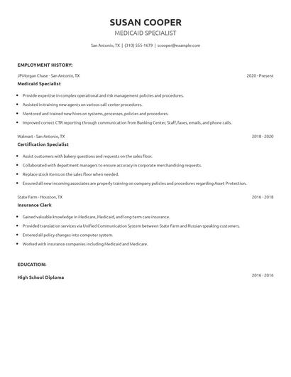 Medicaid Specialist Resume