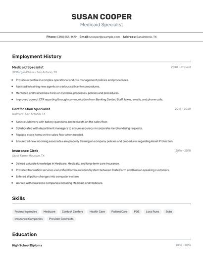 Medicaid Specialist Resume