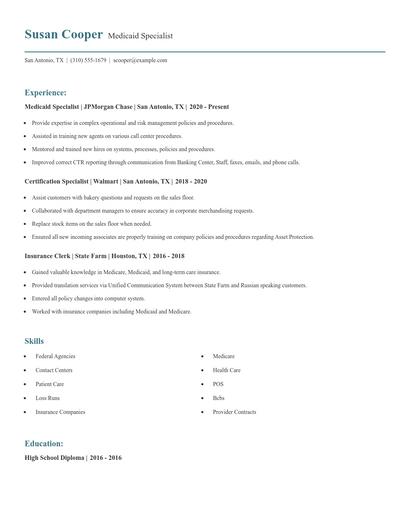 Medicaid Specialist Resume