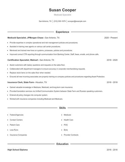 Medicaid Specialist Resume