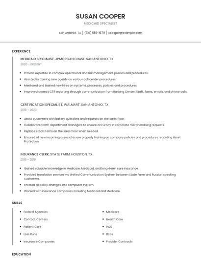 Medicaid Specialist Resume