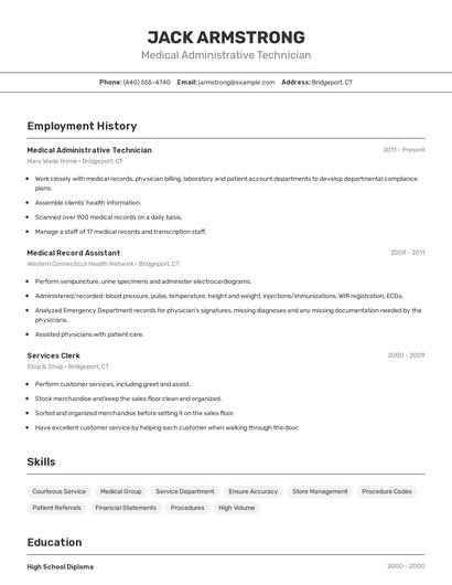 Medical Administrative Technician Resume