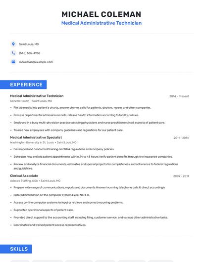 Medical Administrative Technician Resume