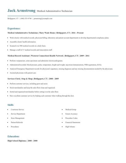 Medical Administrative Technician Resume
