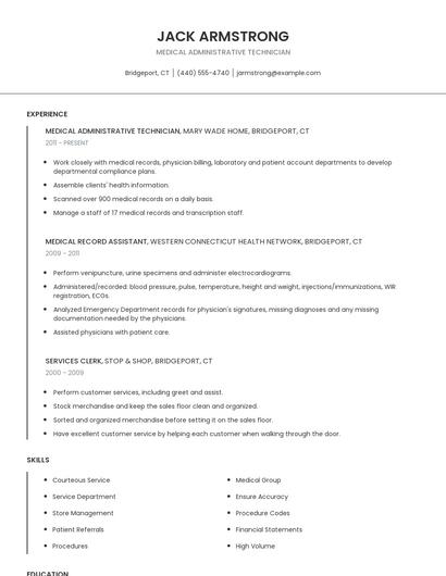 Medical Administrative Technician Resume
