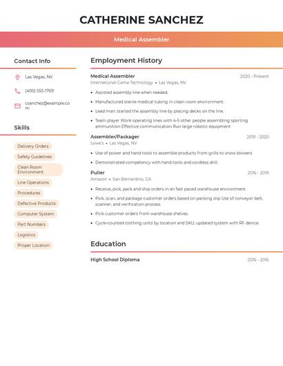 Medical Assembler Resume