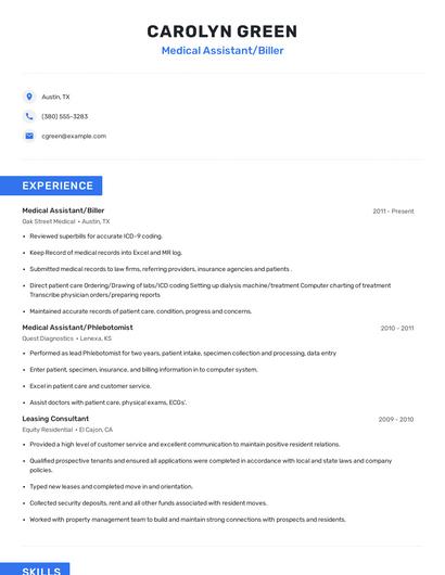 Medical Assistant/Biller Resume