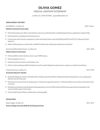 Medical Assistant Externship Resume