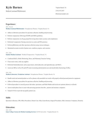 Medical Assistant/Phlebotomist Resume