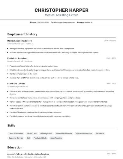 Medical Assisting Extern Resume