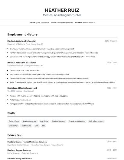 Medical Assisting Instructor Resume