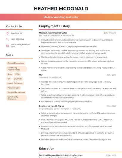 Medical Assisting Instructor Resume