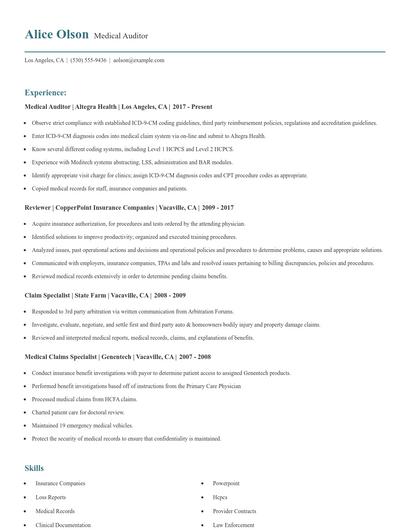 Medical Auditor Resume