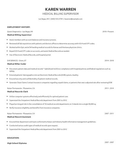 Medical Billing Supervisor Resume