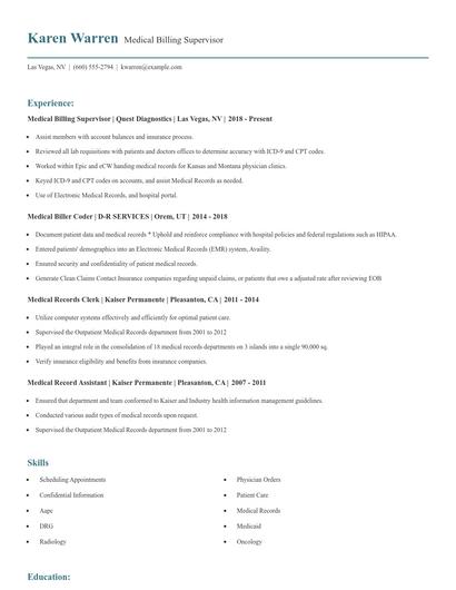 Medical Billing Supervisor Resume
