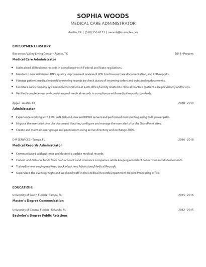 Medical Care Administrator Resume