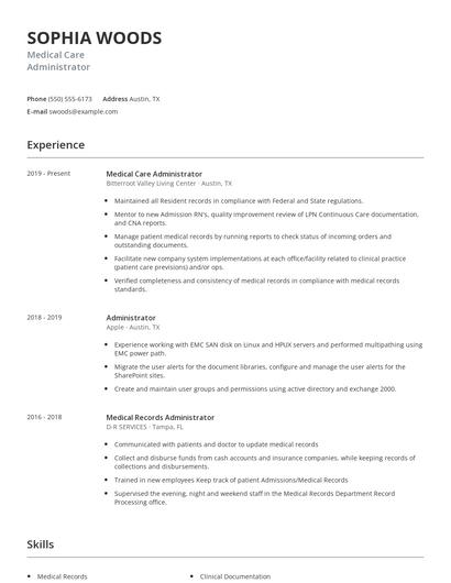 Medical Care Administrator Resume
