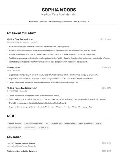 Medical Care Administrator Resume