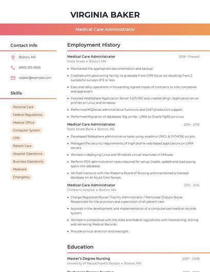 Medical Care Administrator Resume