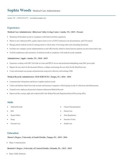 Medical Care Administrator Resume