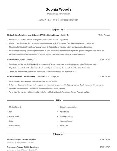 Medical Care Administrator Resume