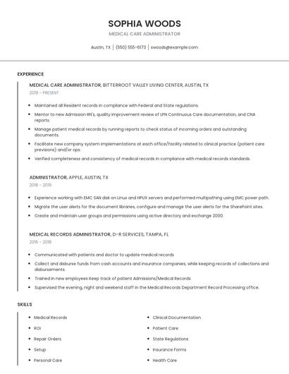 Medical Care Administrator Resume
