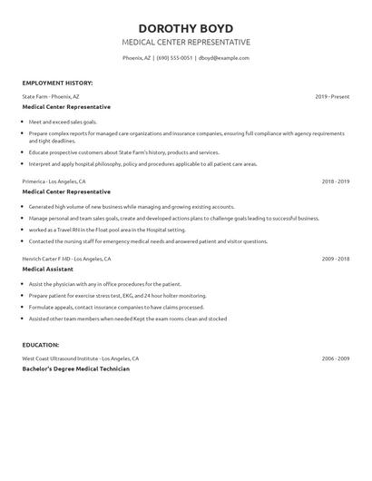 Medical Center Representative Resume