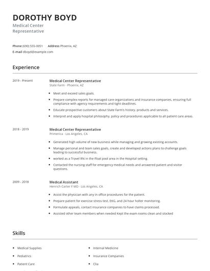 Medical Center Representative Resume