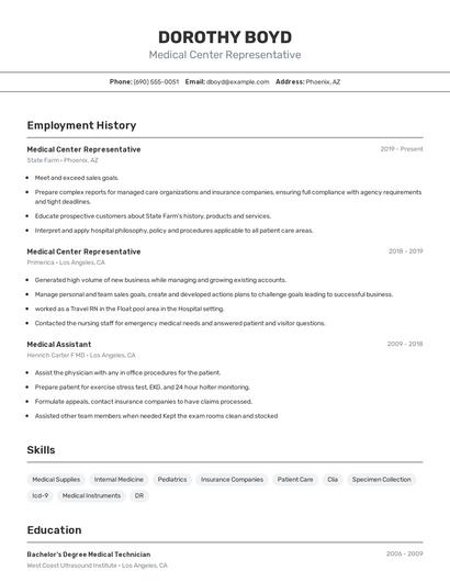 Medical Center Representative Resume