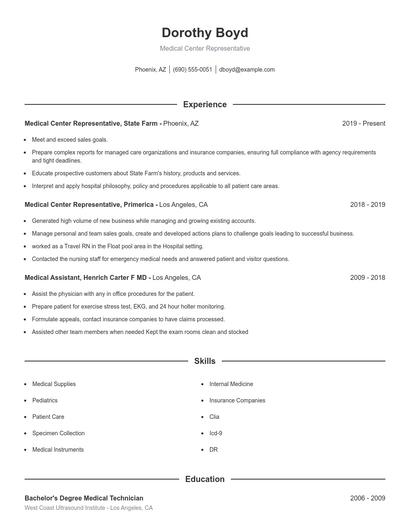 Medical Center Representative Resume