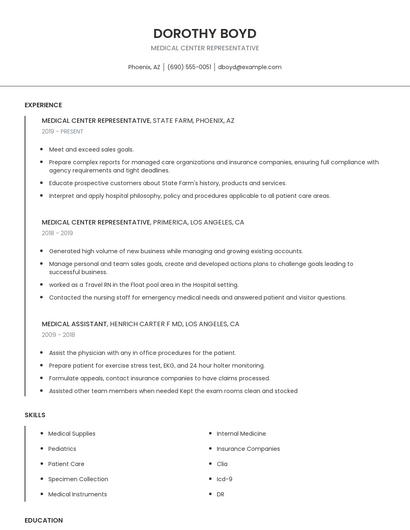 Medical Center Representative Resume