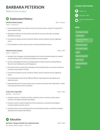 Medical Claims Analyst Resume