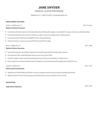 Medical Claims Processor Resume