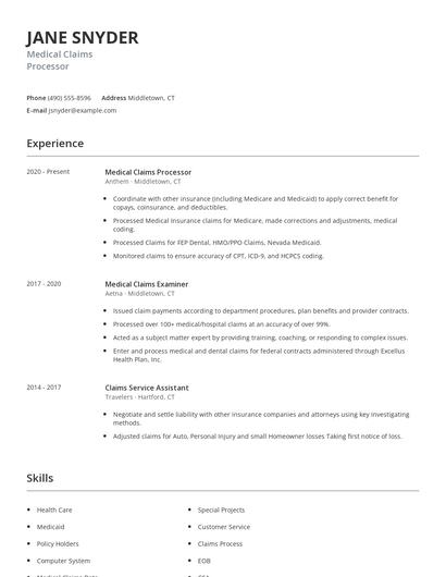 Medical Claims Processor Resume
