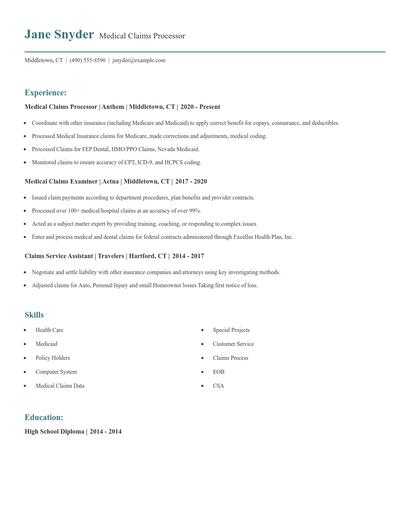 Medical Claims Processor Resume