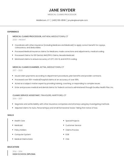 Medical Claims Processor Resume