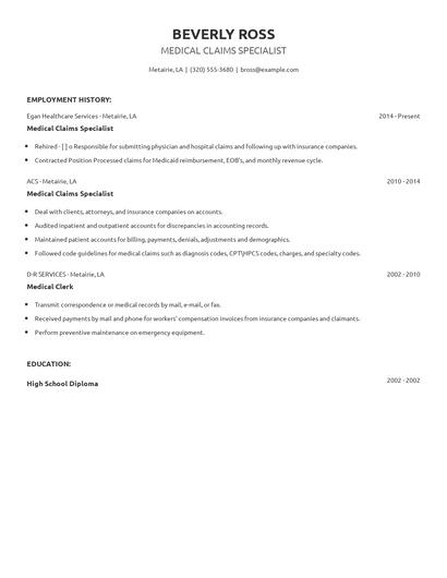 Medical Claims Specialist Resume