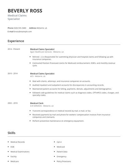 Medical Claims Specialist Resume