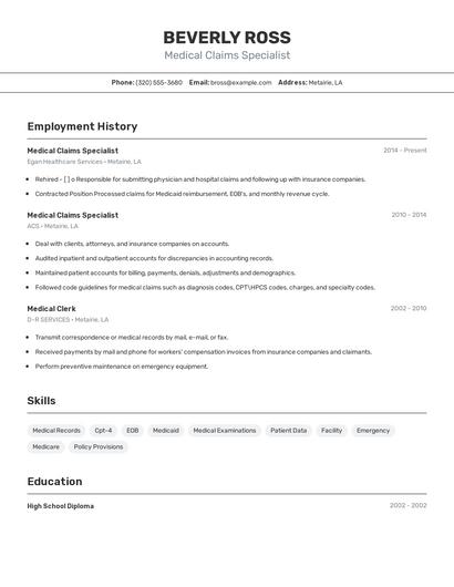 Medical Claims Specialist Resume