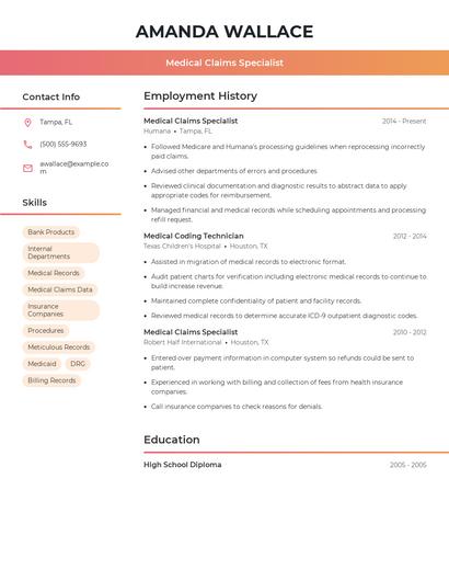 Medical Claims Specialist Resume
