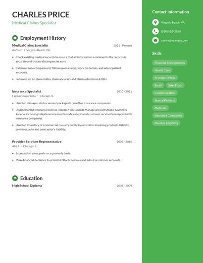 Medical Claims Specialist Resume