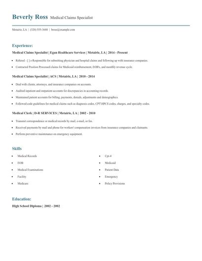 Medical Claims Specialist Resume